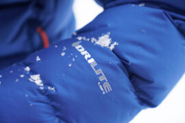 A zoomed in image of the arm of a jacket, showing the Mountain Equipment fabric called Drilite Loft