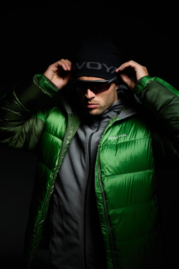 technical gear, SD1 700 Down Jacket in Green, SF1 Fleece in Grey, Swoya Word Head Toque in Black, swoya adapt outdoors