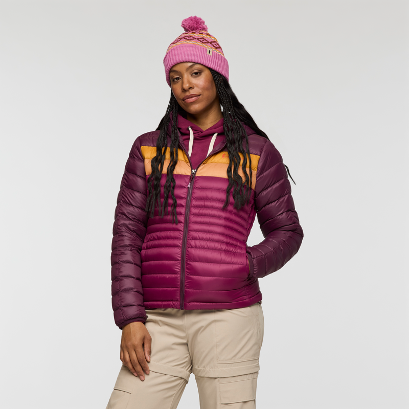 Cotopaxi Women's Fuego Down Hooded Jacket in Blackberry and Jam-3