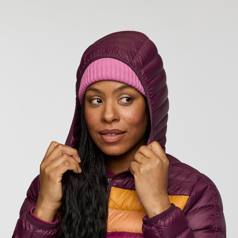 Cotopaxi Women's Fuego Down Hooded Jacket in Blackberry and Jam-10