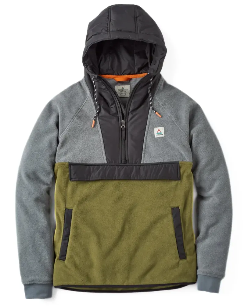 Passenger Men's Woodland Hooded 1/2 Zip Recycled Polar Fleece in Grey Marl/Khaki