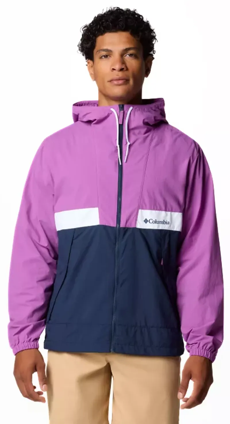 Columbia Men's Spire Valley Hooded Windbreaker in Razzle/Collegiate Navy/White