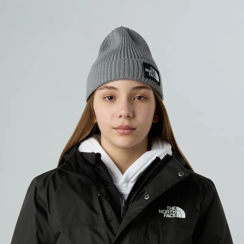 The North Face Kid's Logo Box Cuffed Beanie in Medium Grey Heather-2