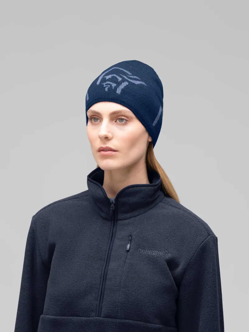 Norrona /29 Mid Merino Ull Logo Beanie in Indigo Night Melange-1