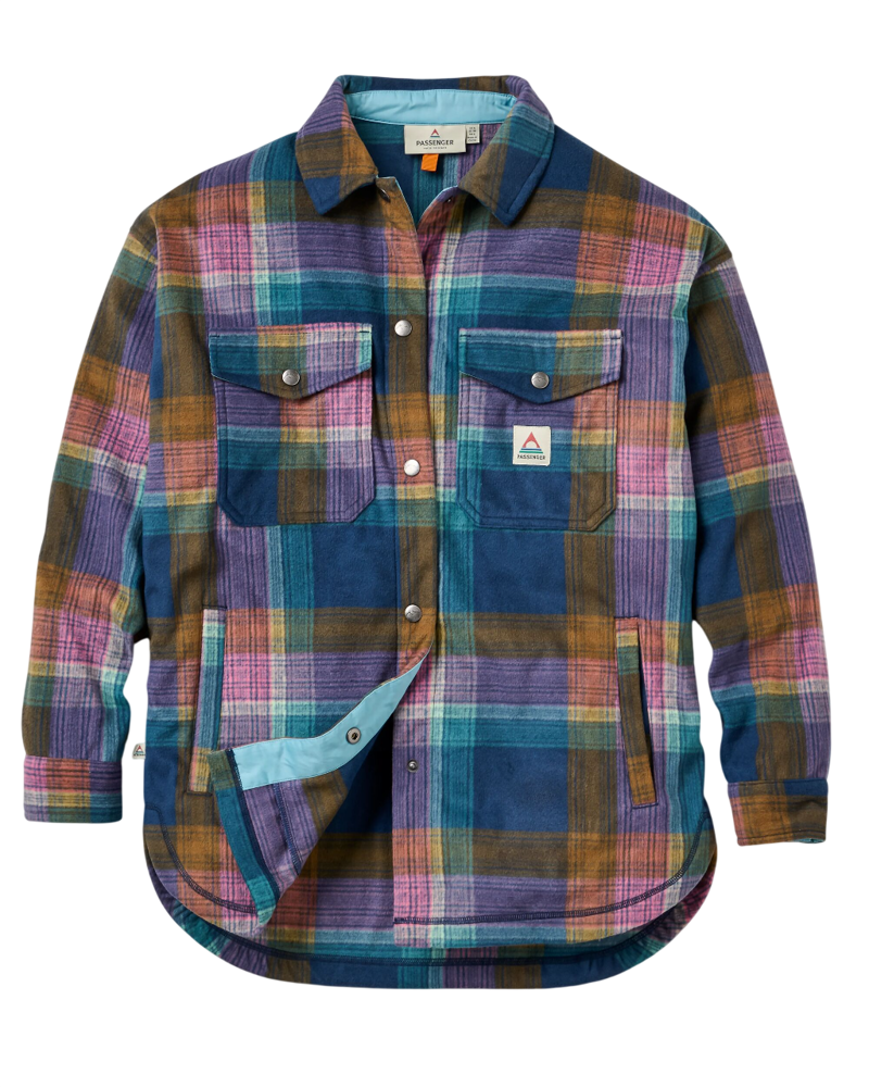 Passenger Women's East Recycled Polar Fleece Shirt in Rich Navy Multi Check