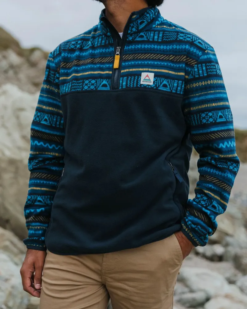 Passenger Men's Set Off Recycled Polar 1/4 Zip Fleece in Patchwork Stripe Tidal Blue/Deep Navy-1