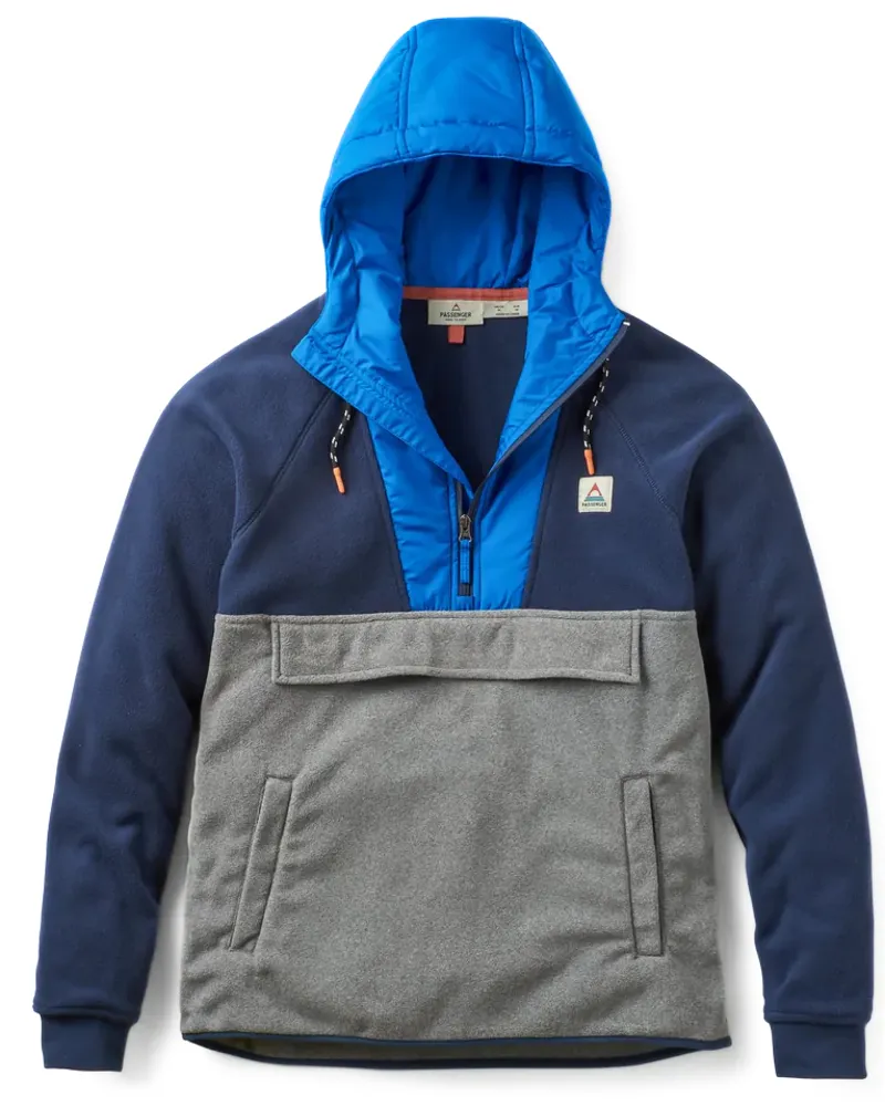 Passenger Men's Woodland Hooded 1/2 Zip Recycled Polar Fleece in Rich Navy/Grey Marl