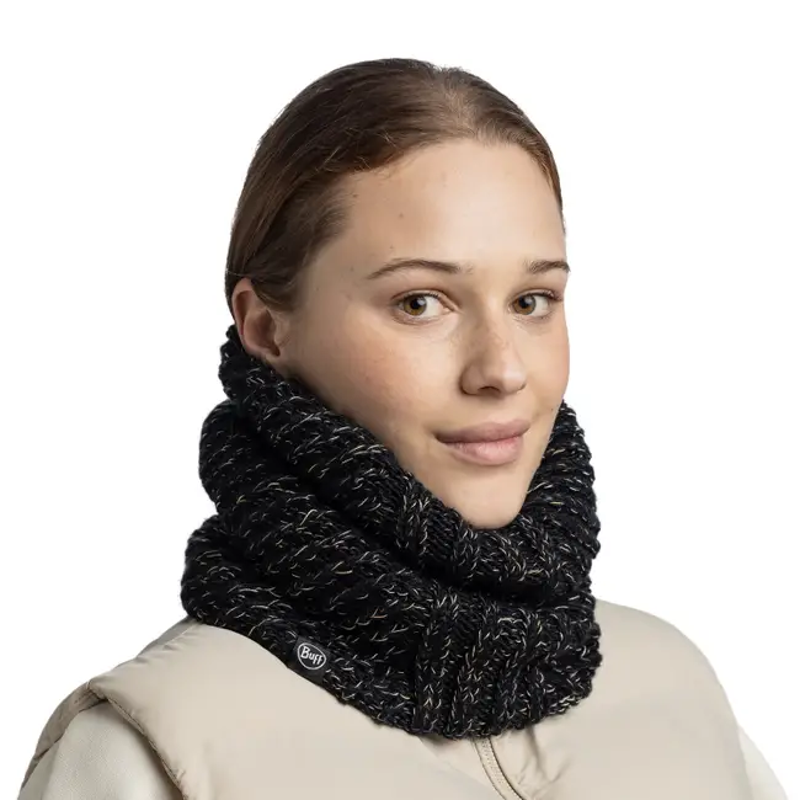 Buff Knitted and Fleece Neckwarmer in Akna Black-3